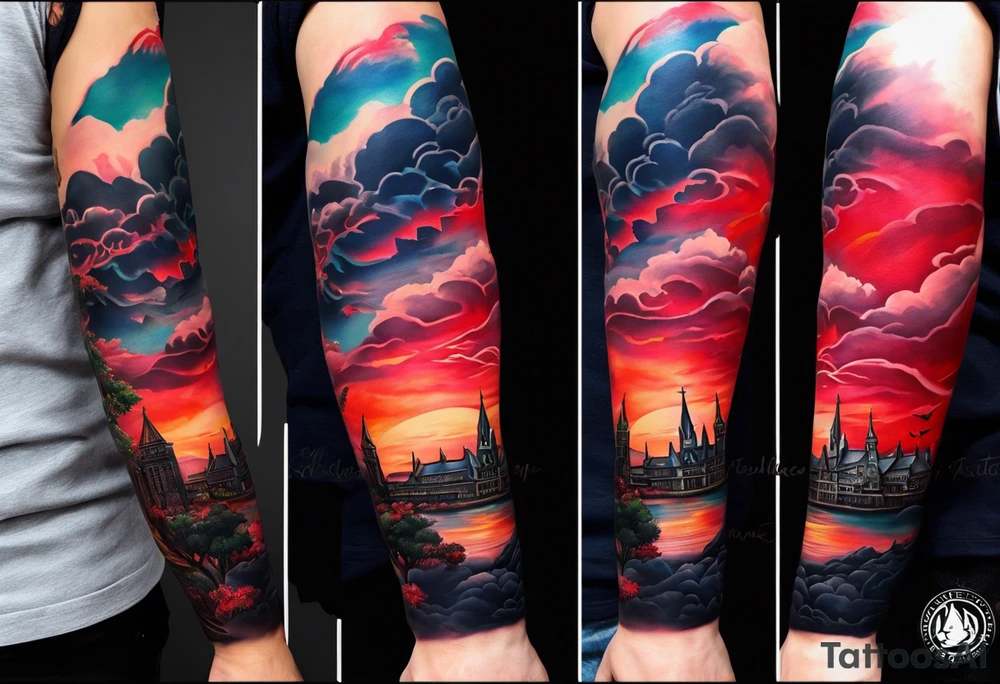 Full arm sleeve with multiple elements blended together. I want the Duke university chapel , cherry tree elements , red clouds from akatski , naruto or sauske , Atl skyline and captain tattoo idea