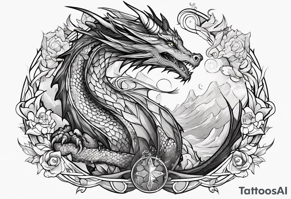 Dragon cute, celestial, cross tattoo idea