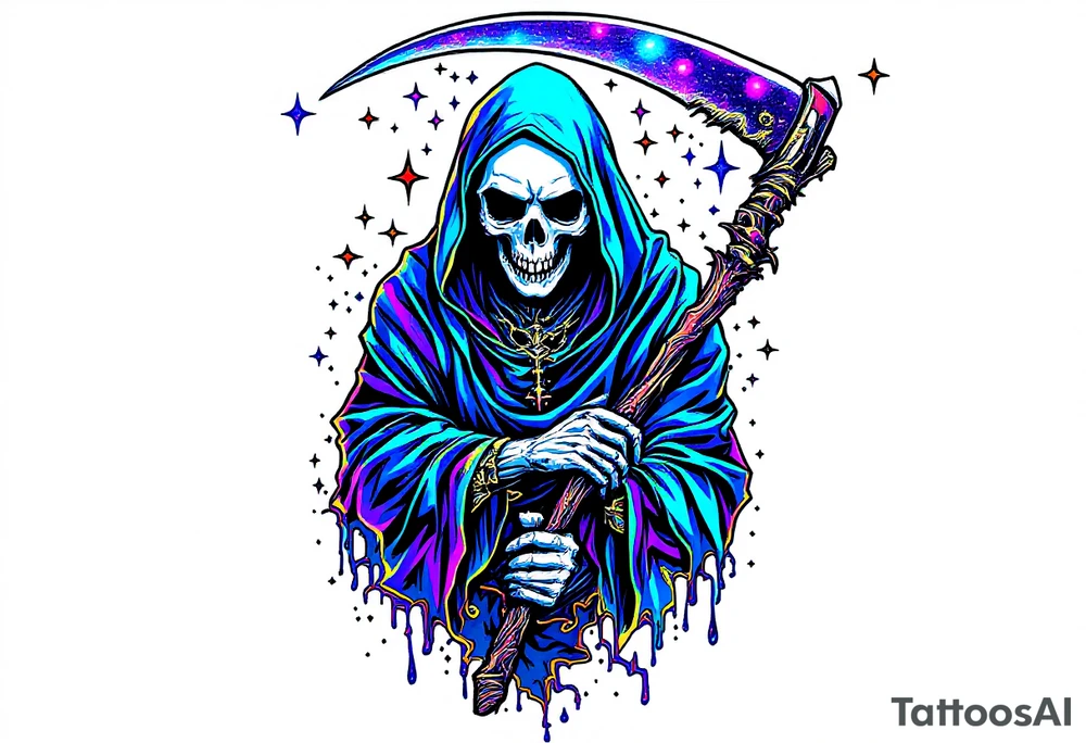 A cosmic-themed Grim Reaper holding a scythe with a galaxy blade in deep purples and blues. tattoo idea