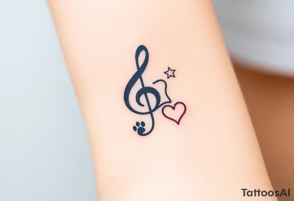 A swirl containing the Treble clef, book, dog paw, star, heart tattoo idea