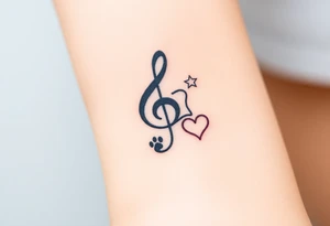 A swirl containing the Treble clef, book, dog paw, star, heart tattoo idea