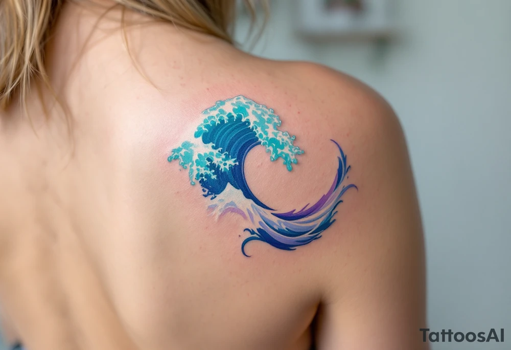 A wave inked in swirling tones of aquamarine and lavender hugs the inner forearm. tattoo idea