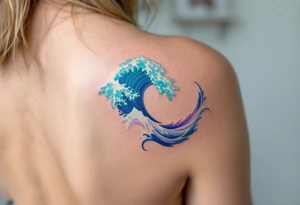 A wave inked in swirling tones of aquamarine and lavender hugs the inner forearm. tattoo idea