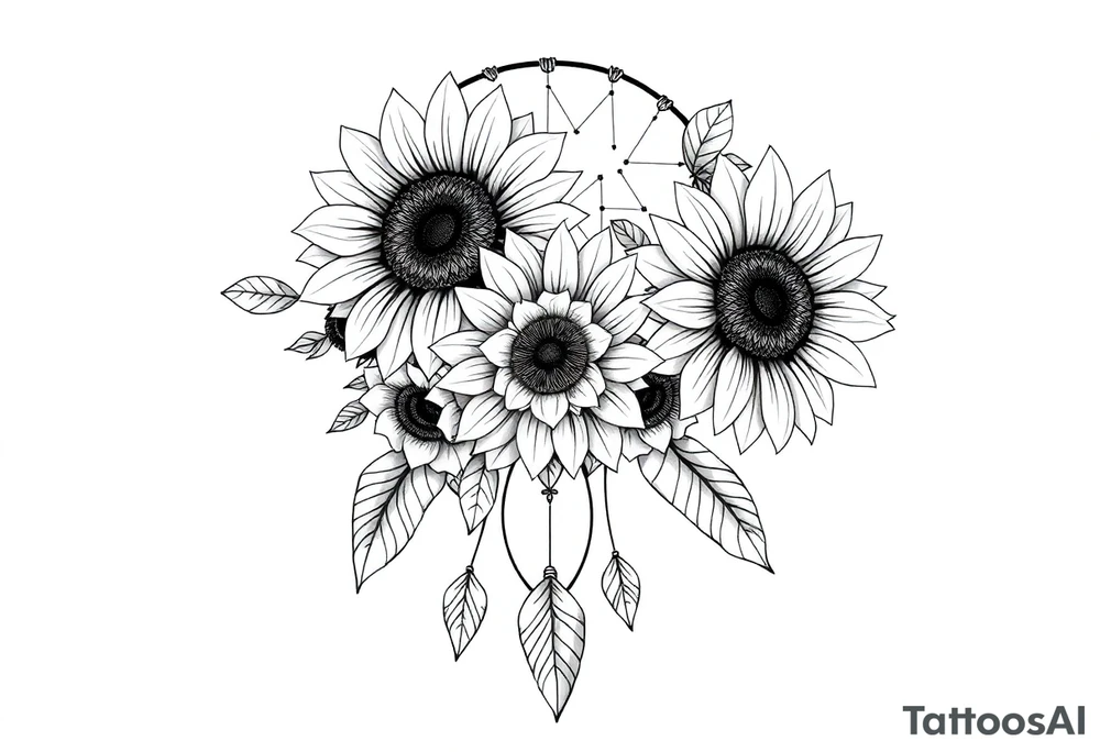 Sunflowers and roses dreamcatcher tattoo idea