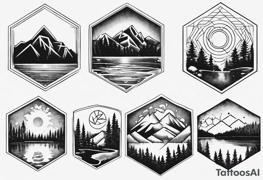Several connected hexagons, within which is a mountain in the background on the right, a sun on the left, a coniferous forest in the foreground and a lake on the bottom tattoo idea