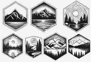 Several connected hexagons, within which is a mountain in the background on the right, a sun on the left, a coniferous forest in the foreground and a lake on the bottom tattoo idea