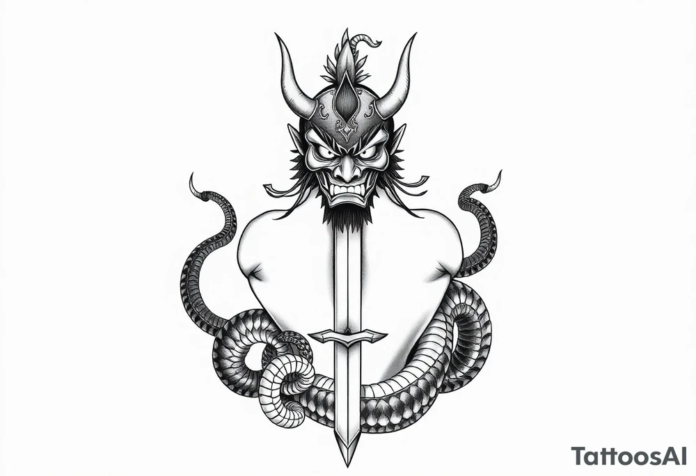 Back Tattoo with An Oni With a broken mask and a Sword, Dragons & snakes tattoo idea