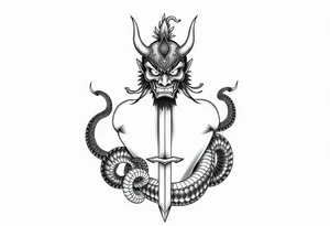 Back Tattoo with An Oni With a broken mask and a Sword, Dragons & snakes tattoo idea