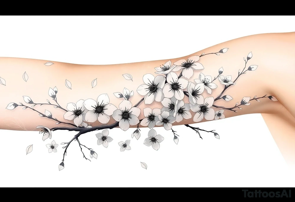 delicate cherry blossoms swirling in spring breeze with petals tattoo idea