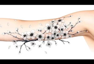 delicate cherry blossoms swirling in spring breeze with petals tattoo idea