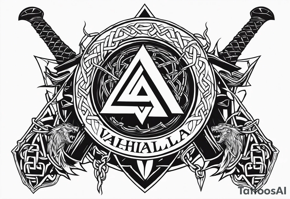 Valhalla sword shield dragon axe barbed wire chains valknut fire tattoo idea Valhalla sword shield dragon axe barbed wire chains valknut fire tattoo idea
