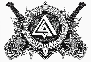 Valhalla sword shield dragon axe barbed wire chains valknut fire tattoo idea