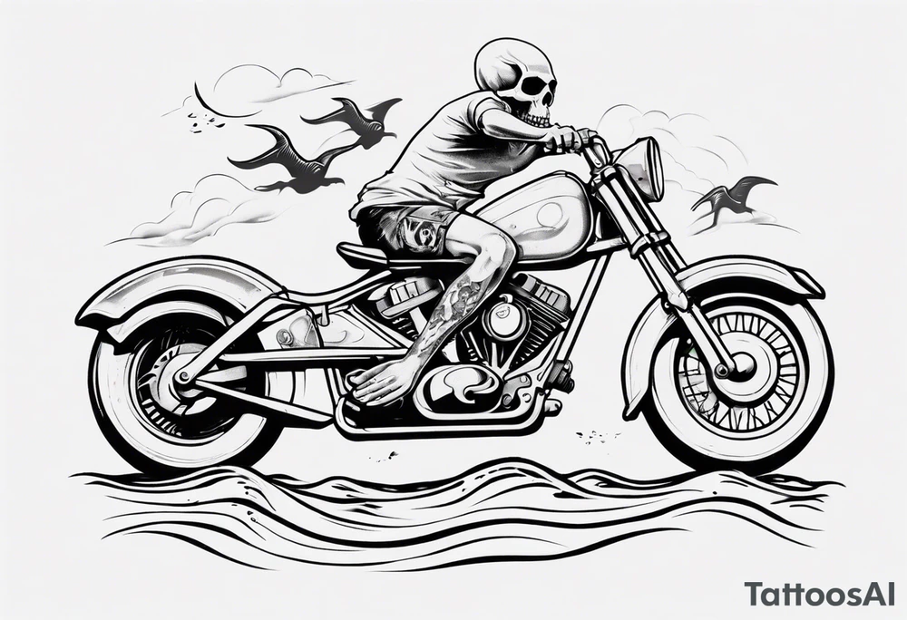 Skull riding motorcycle along the beach tattoo idea