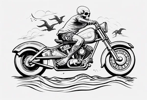 Skull riding motorcycle along the beach tattoo idea