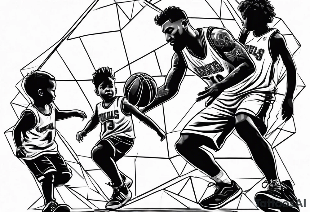 Dad playing basketball with 2 kids tattoo idea