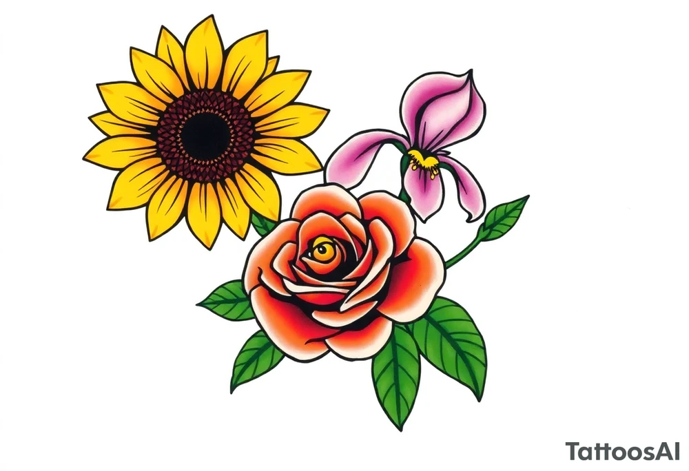 Sunflower,iris and a Rose flowers tattoo idea