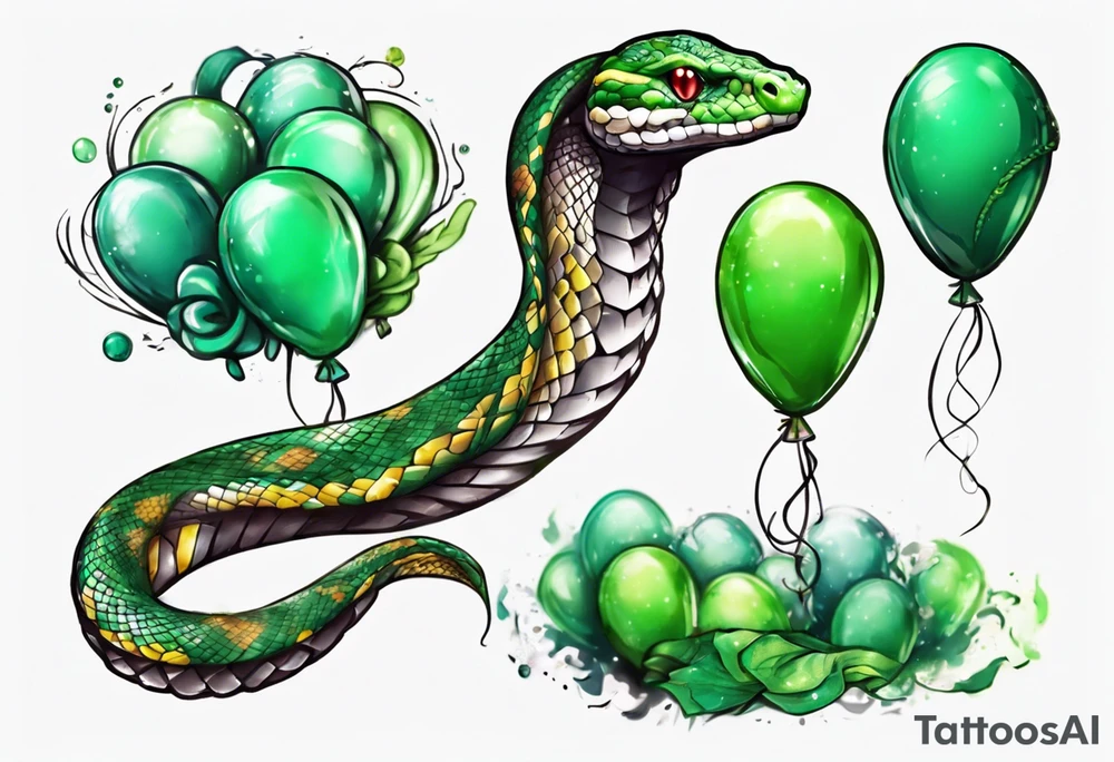 regius python with colored ballons aside and a green gem on the other side tattoo idea