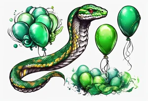 regius python with colored ballons aside and a green gem on the other side tattoo idea