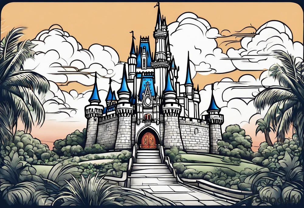 disney world castle with 
mickey mouse holding a knife in one hand and a stick in the other hand with palm trees and the celtic symbol for family tattoo idea