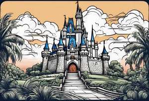disney world castle with 
mickey mouse holding a knife in one hand and a stick in the other hand with palm trees and the celtic symbol for family tattoo idea