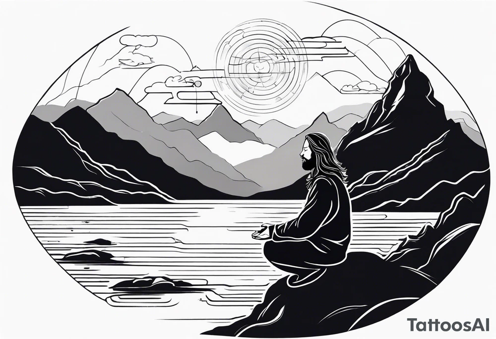 a meditating long haired man by the mountain river, the sky is covered with quantum energy tattoo idea