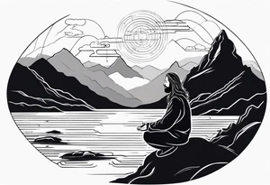 a meditating long haired man by the mountain river, the sky is covered with quantum energy tattoo idea