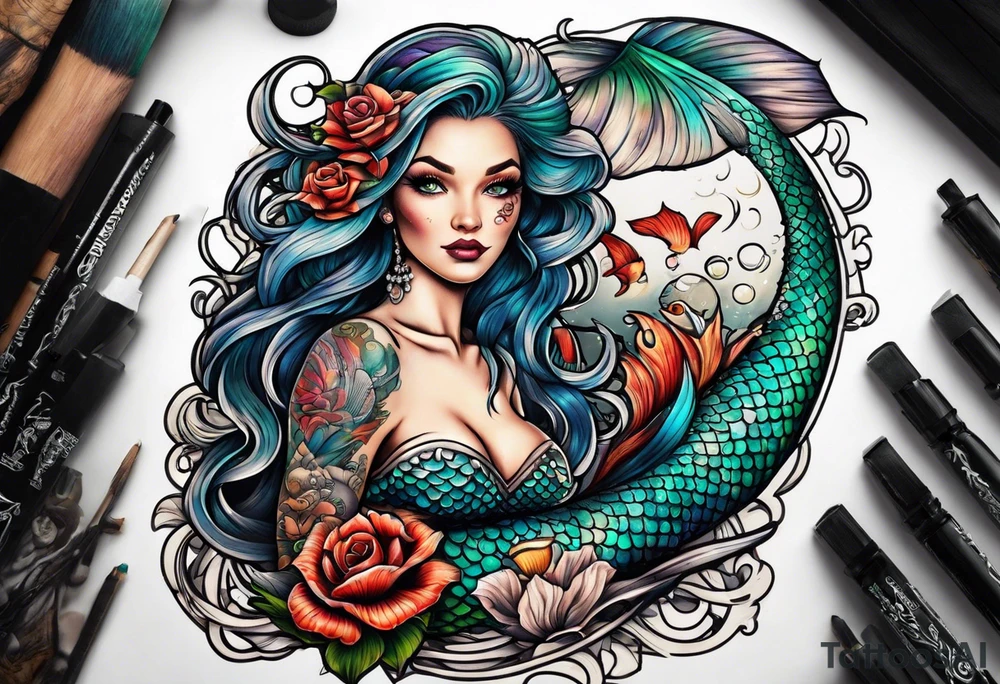 Tattooed mermaid beside shipwreck tattoo idea