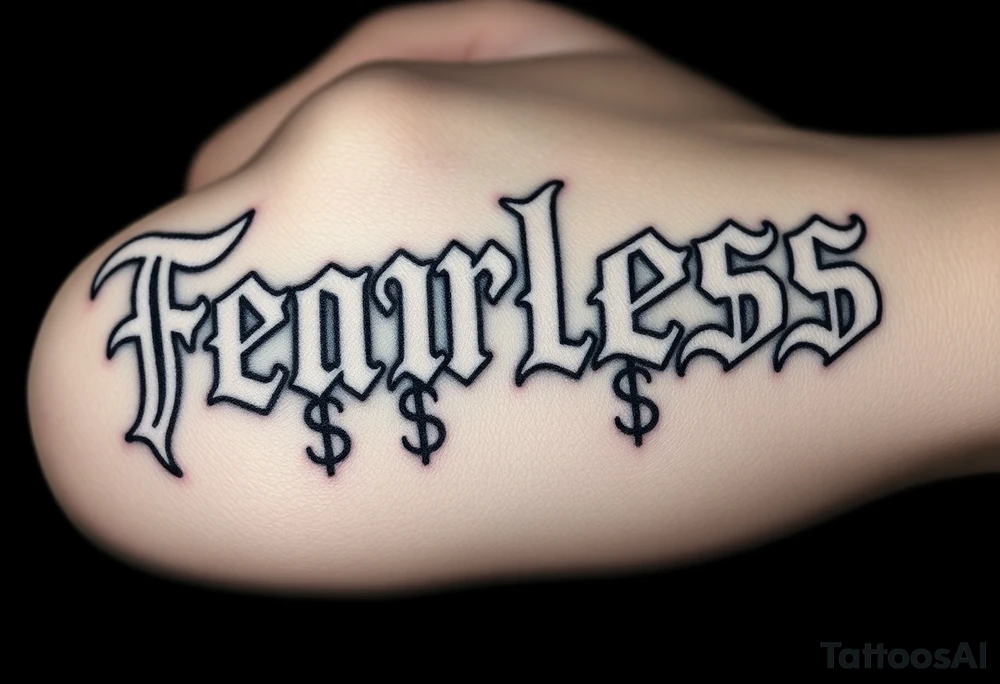 The words fearless in white gothic font and black background, and the letters "S" are dollar signs tattoo idea