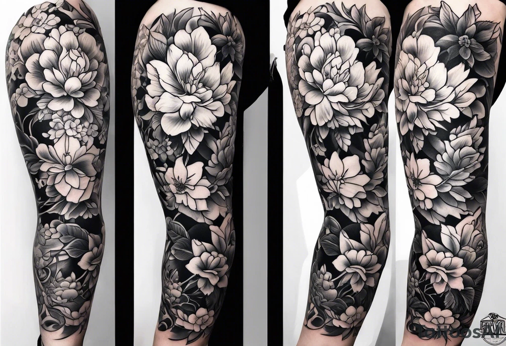 traditional style
leg sleeve with a bird and flowers tattoo idea