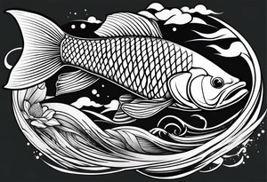 Arowana fish in waves with lotus tattoo idea