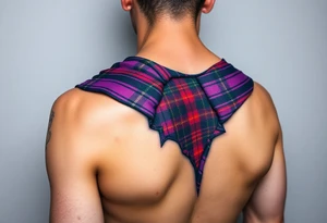 Purple tartan fabric on shoulder with skin ripping back to reveal tartan underneath tattoo idea