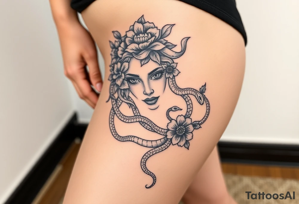 Big Medusa flowers snakes tattoo idea