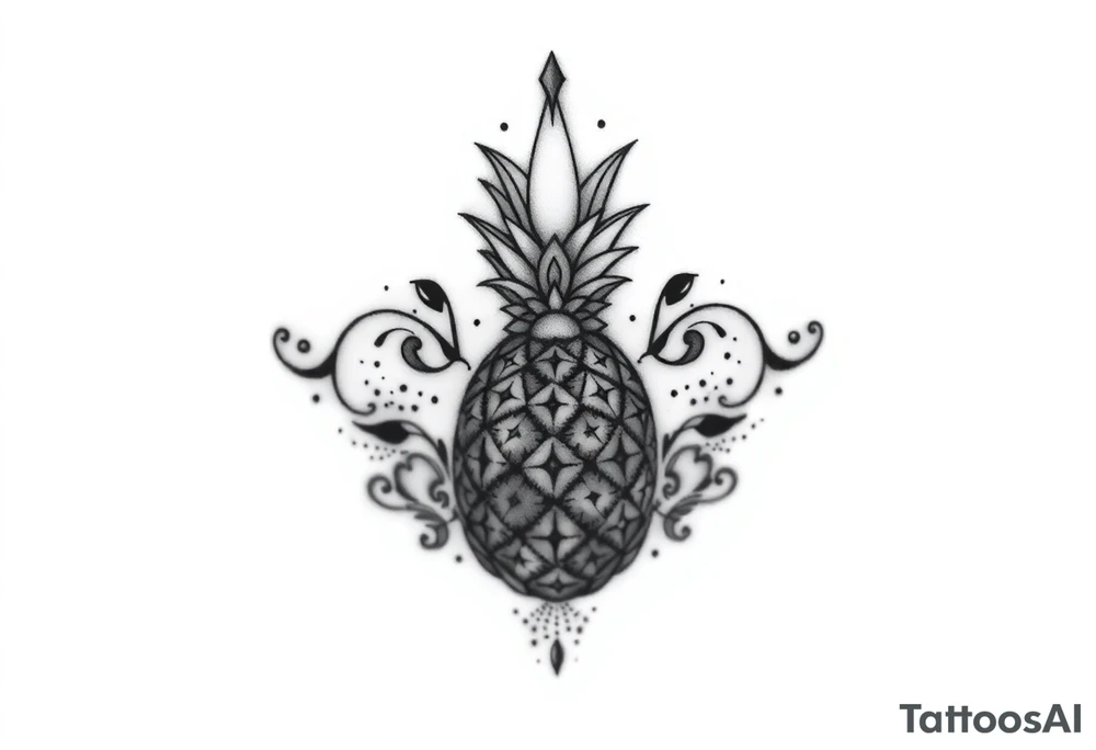 Design around a vagina and anus using a  pineapple with diamonds  and magestic, crown, vagina, anus, pubic tattoo idea