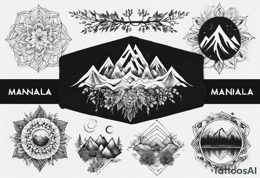 •	Create a mandala incorporating elements of nature like mountains, trees, and rivers to symbolize harmony and balance. tattoo idea