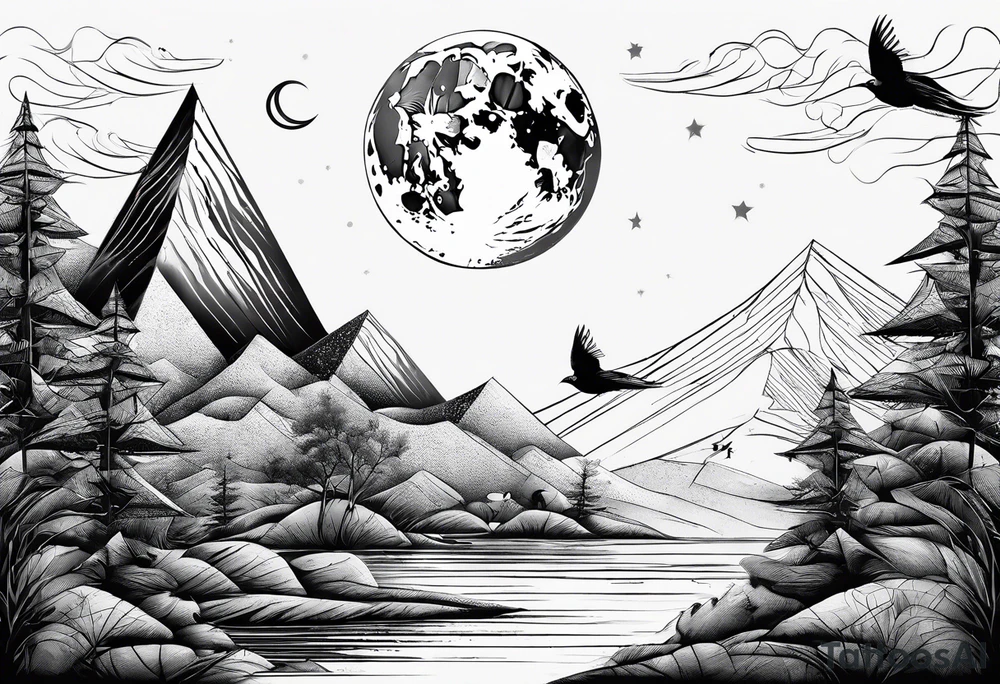 Linear composition, double triangle, unclosed delta, crescent moon, birds tattoo idea