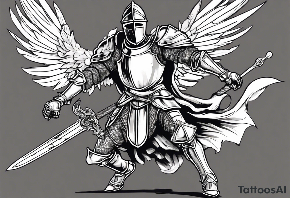 A Winged Paladin Knight in mid-air with his sword about to attack. tattoo idea