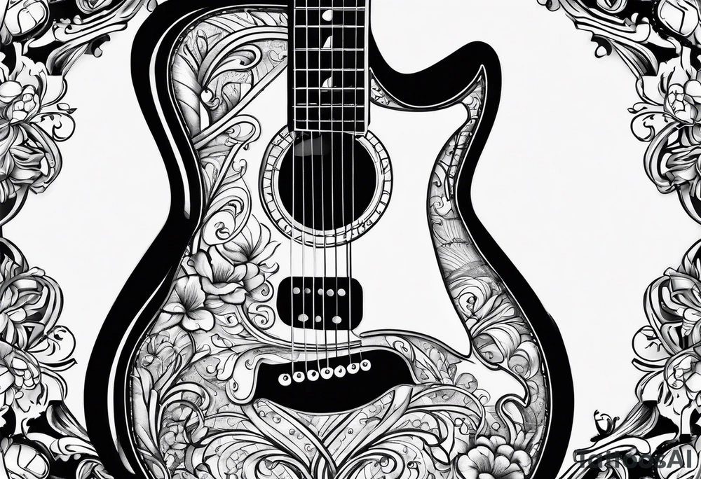 guitar with notes wrapped around it tattoo idea