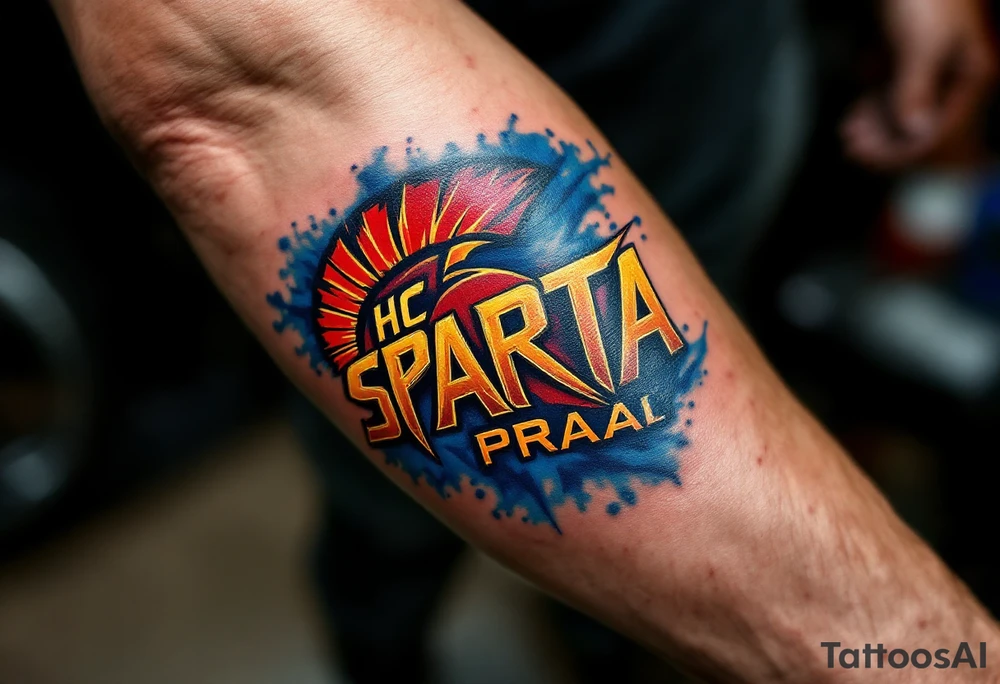 A bold red and yellow "HC Sparta PRAHA" logo blazing across a muscular forearm with icy blue shading. tattoo idea