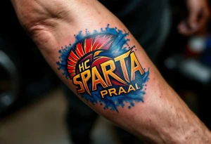 A bold red and yellow "HC Sparta PRAHA" logo blazing across a muscular forearm with icy blue shading. tattoo idea