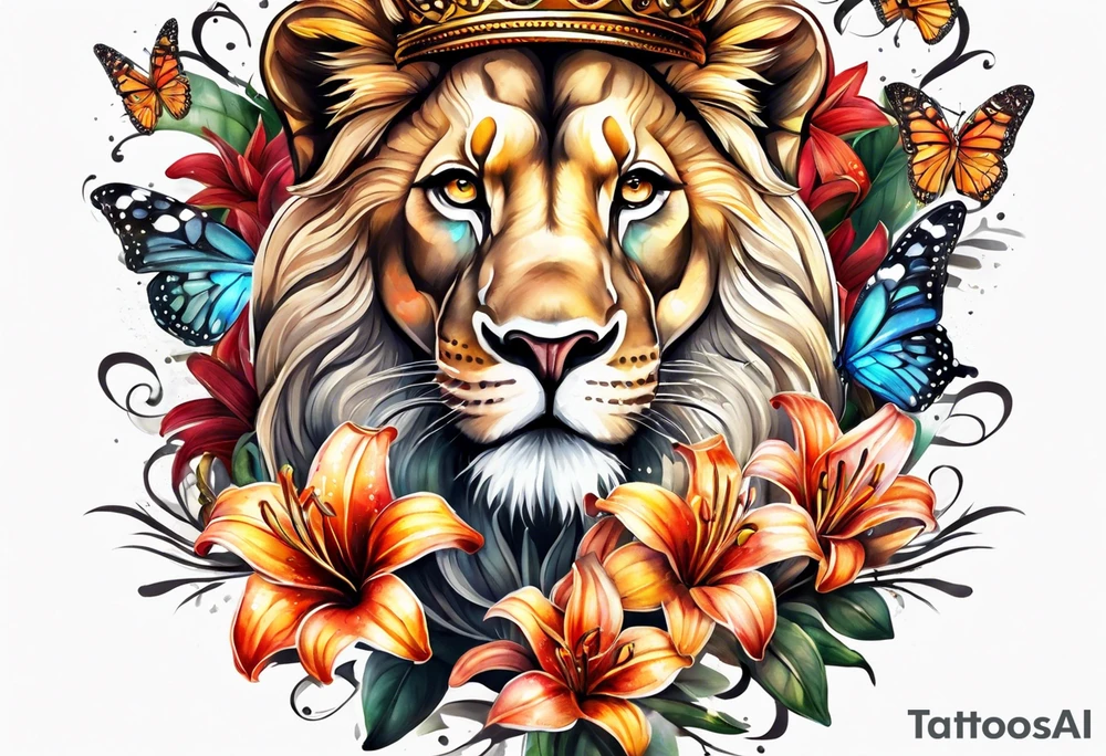 African lion lilies butterflies crown tattoo idea