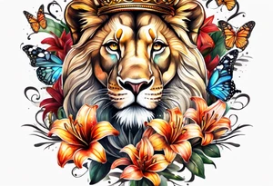 African lion lilies butterflies crown tattoo idea