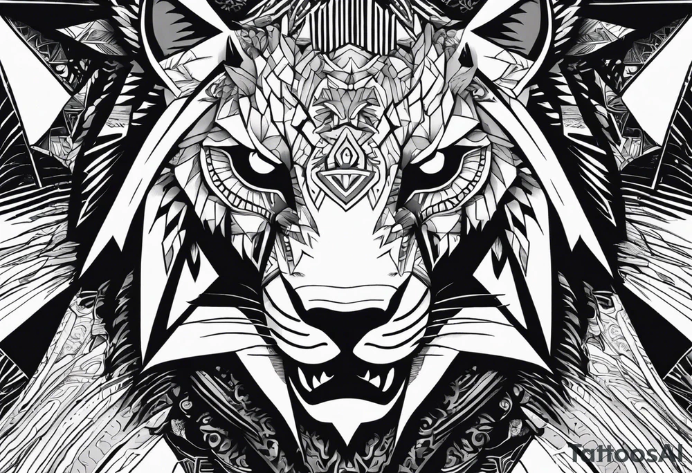 A tattoo designed for the knee, featuring the face of a mitological beast with wild, exaggerated features, such as sharp fangs, intense eyes, and a snarling expression. The design incorporates large areas of white space for contrast, with beams of light or energy radiating outward from the beast’s eyes in a chaotic and powerful pattern. The overall look should be bold and primal, with flowing lines that adapt naturally to the curvature of the knee. tattoo idea
