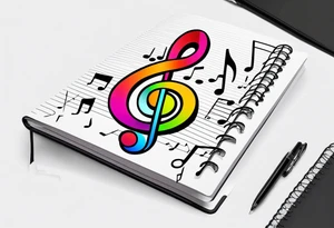 Slightly open spiral notebook with music notes coming out of it tattoo idea