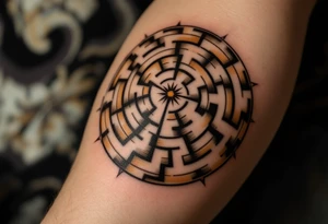 A maze-like spiral in burnt sienna and beige, with a subtle ancient feel. tattoo idea