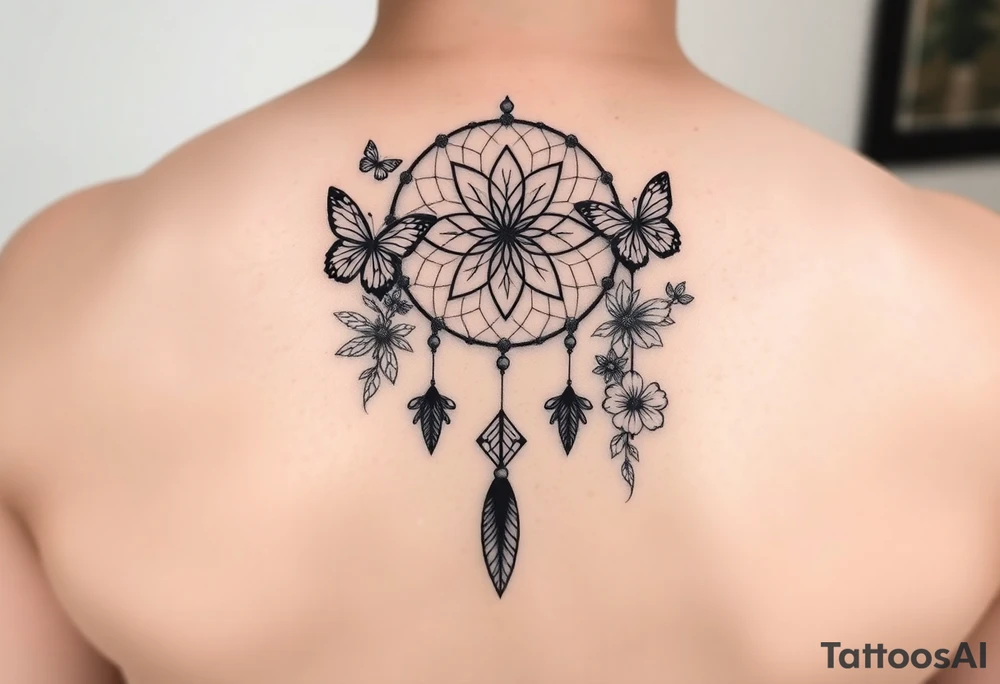 Simple dream catcher with butterflies and flowers tattoo idea