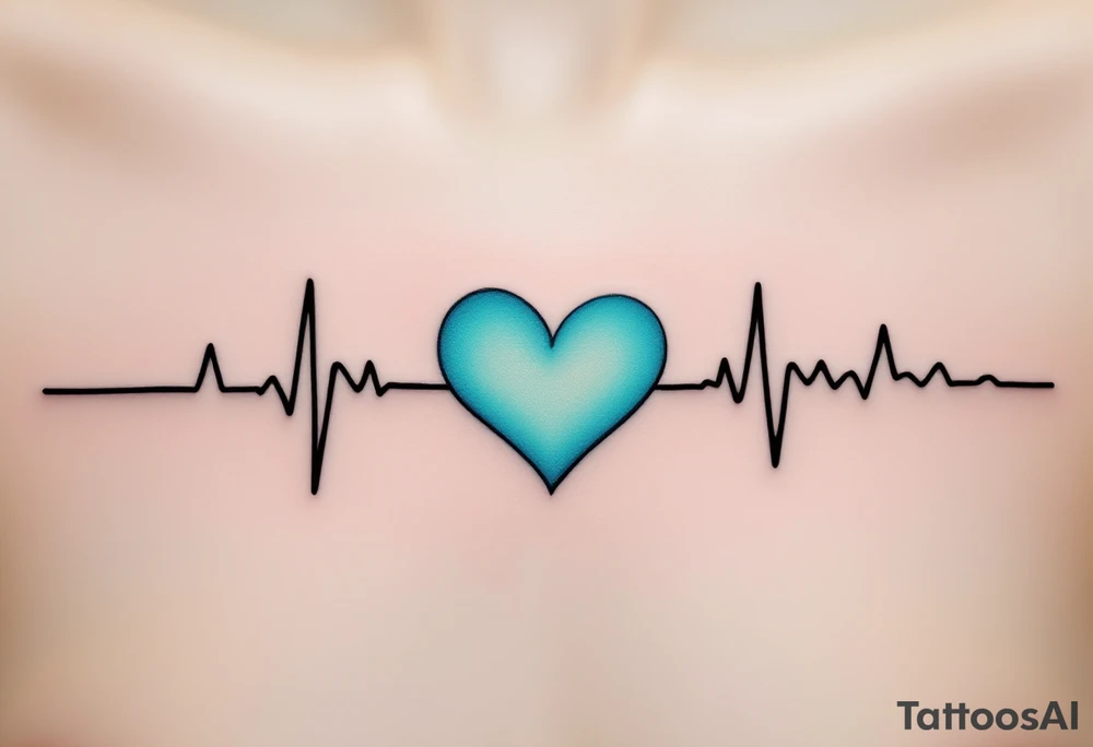A black EKG heartbeat crossing the chest, transitioning into a vibrant teal heart at the center. tattoo idea