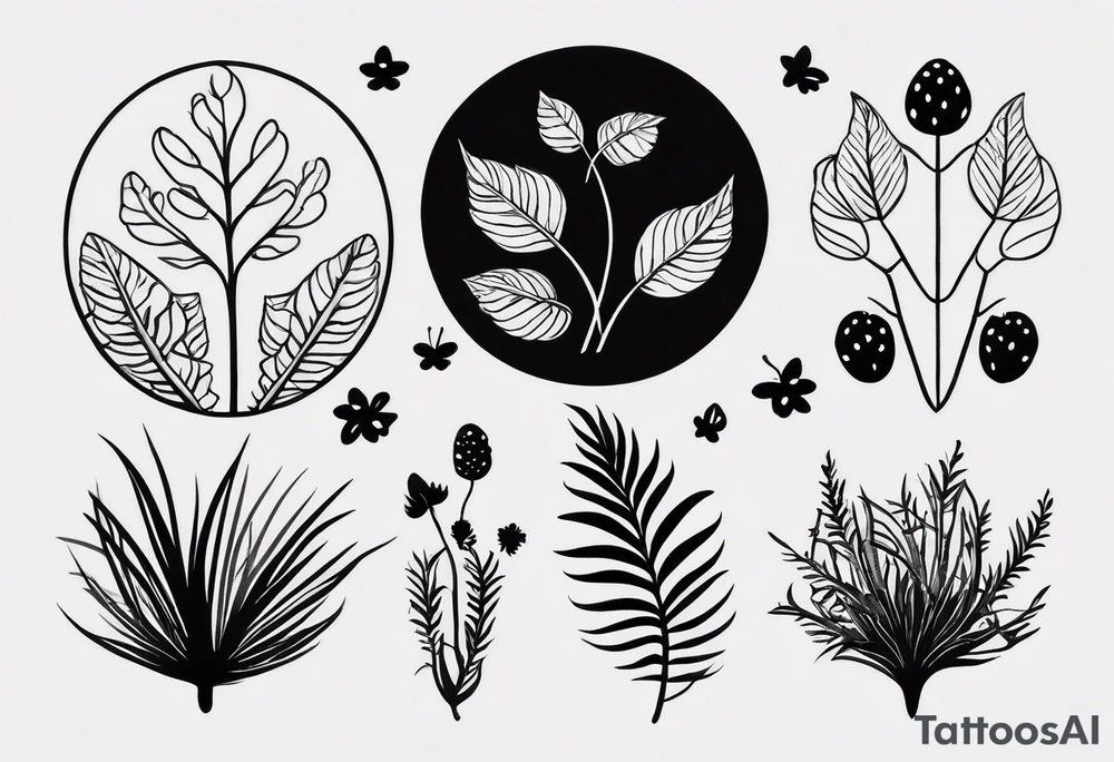 forest floor inspired minimalist tattoo, which includes grass, curly ferns and dead leaves as the bulk of the tattoo. details to include: three very tiny strawberries, a tiny bumblebee flying nearby, three small brown mushrooms tattoo idea