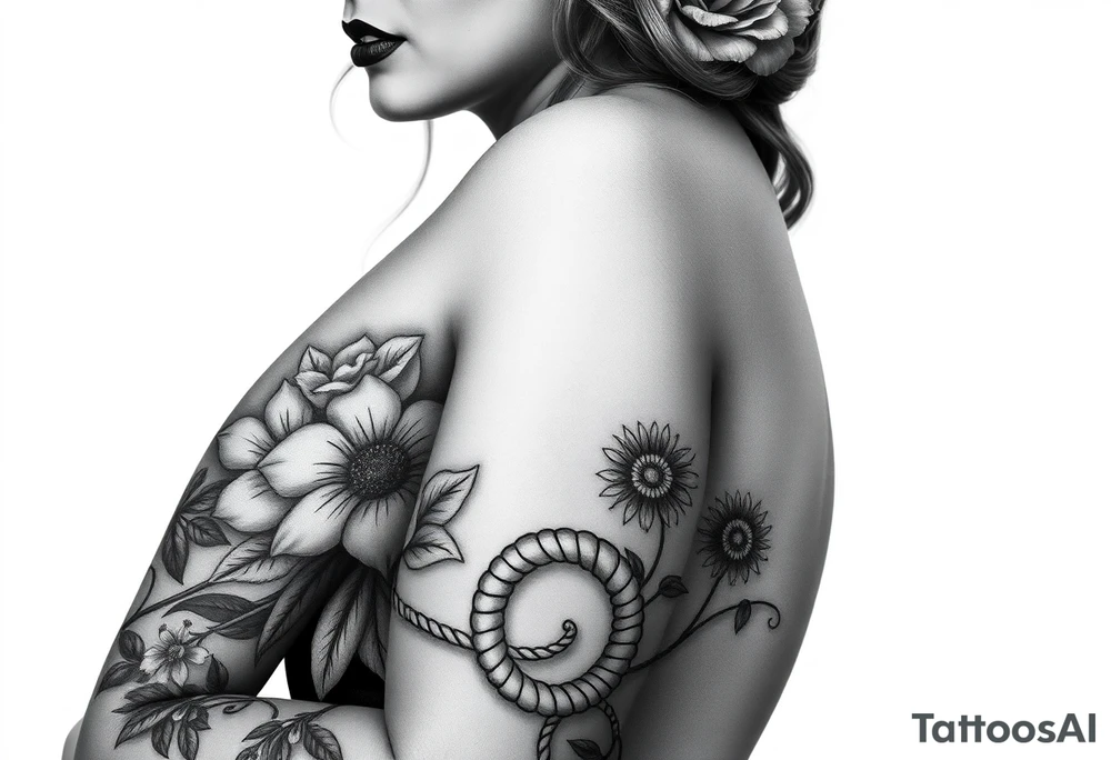 Pin up picture arm sleeve. With October flower November flower December flower rope figure 8 knot tattoo idea