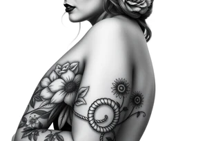 Pin up picture arm sleeve. With October flower November flower December flower rope figure 8 knot tattoo idea