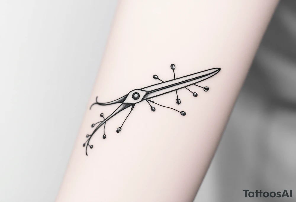 large scissor. with a comb, blow-dryer. then groups of hair bobby pins randomly placed. with vines weaving throughout tattoo idea